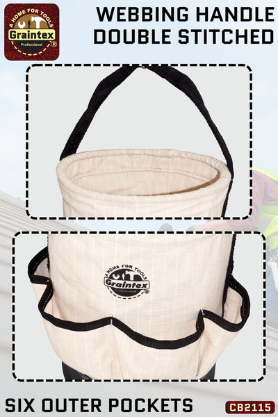 CB2115 :: UTILITY TAPERED CANVAS BUCKET LEATHER BOTTOM 6 OUTER POCKETS 12”X10”X14” WEBBING HANDLE WITH SWIVEL SNAP HOOK