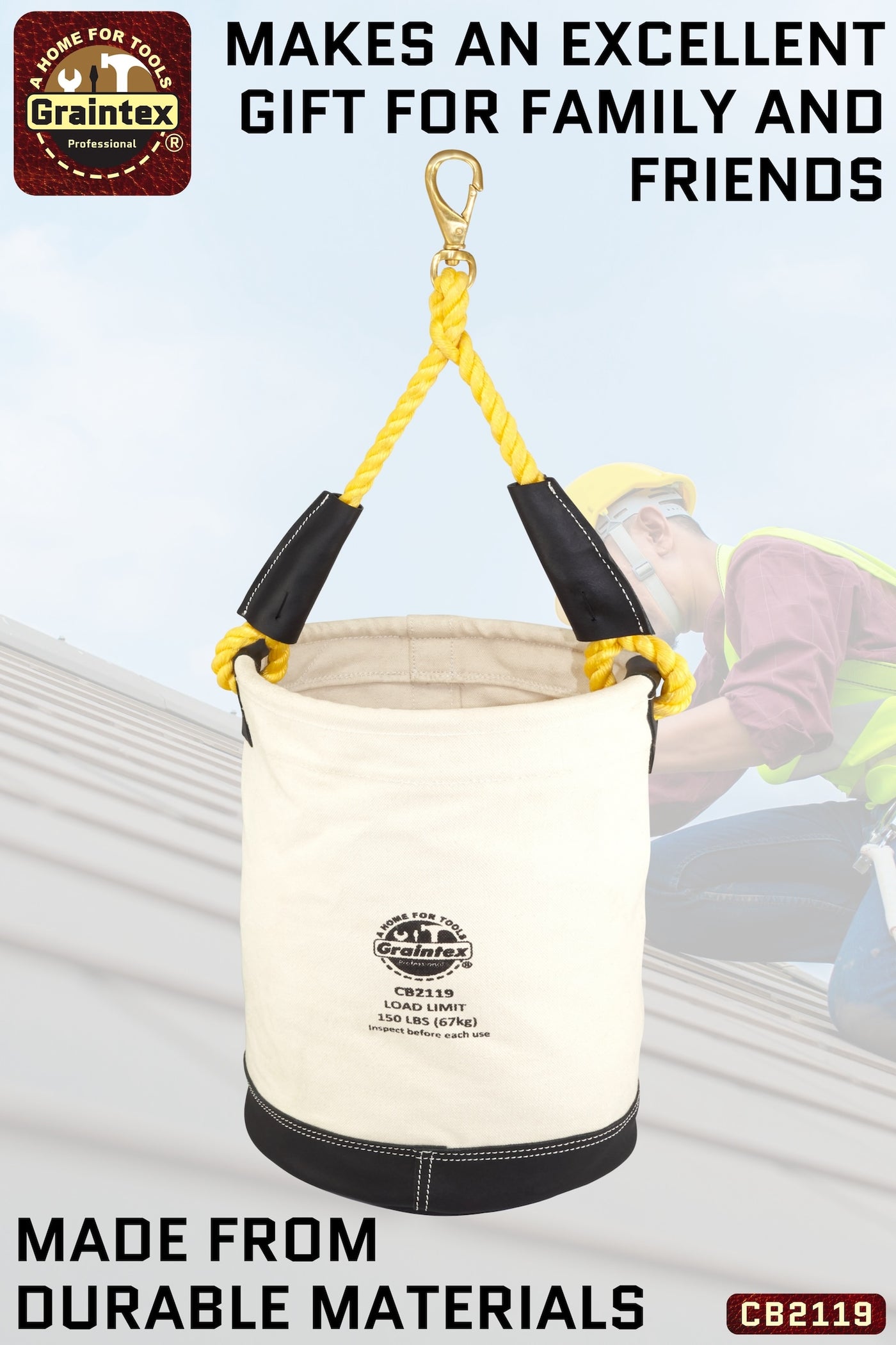 CB2119 :: UTILITY CANVAS BUCKET LEATHER BOTTOM 12”X18” ROPE HANDLE WITH SWIVEL SNAP HOOK
