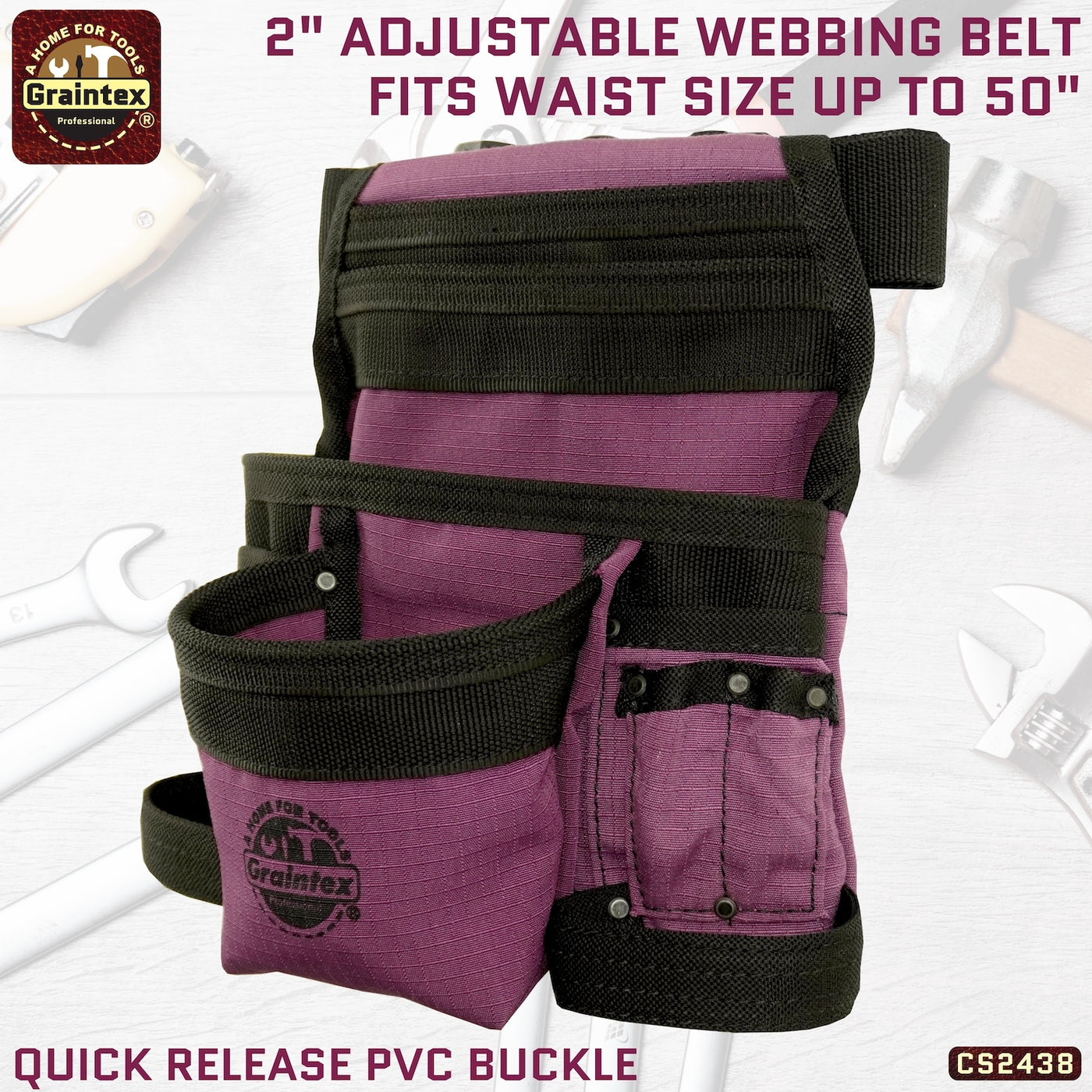 CS2438 :: 10 Pocket Finisher Nail & Tool Pouch Purple Color Ripstop Canvas with 2” Webbing Belt