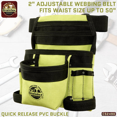 CS2490 :: 10 Pocket Finisher Nail & Tool Pouch Lime Green Color Ripstop Canvas with 2” Webbing Belt