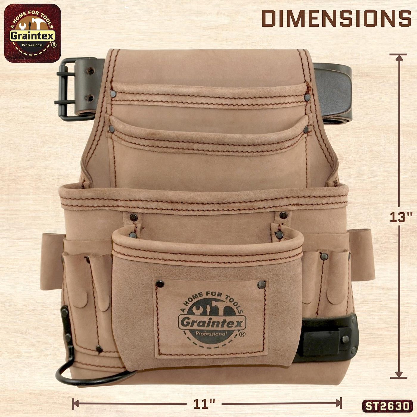 ST2630 :: 10 Pocket Nail & Tool Pouch Beige Color Top Grain Leather with 2" Leather Belt