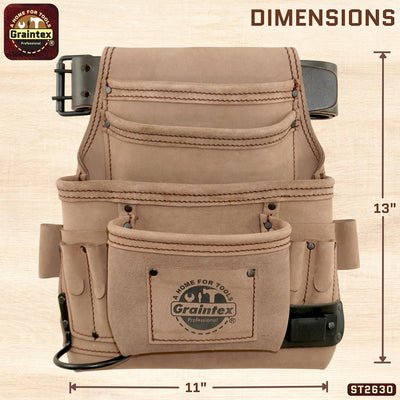 ST2630 :: 10 Pocket Nail & Tool Pouch Beige Color Top Grain Leather with 2" Leather Belt
