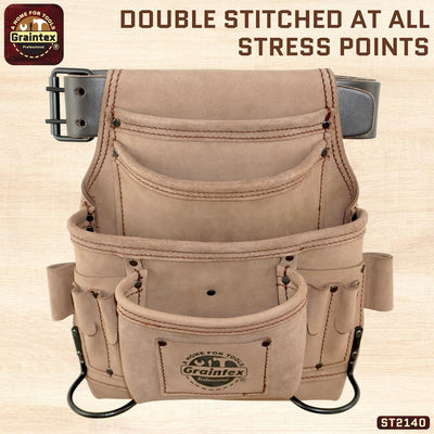 ST2140 :: 10 Pocket Nail & Tool Pouch Beige Color Top Grain Leather with 2" Leather Belt