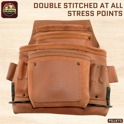 PS1970 :: 10 Pocket Nail & Tool Pouch Tan Color Industrial Grade Leather