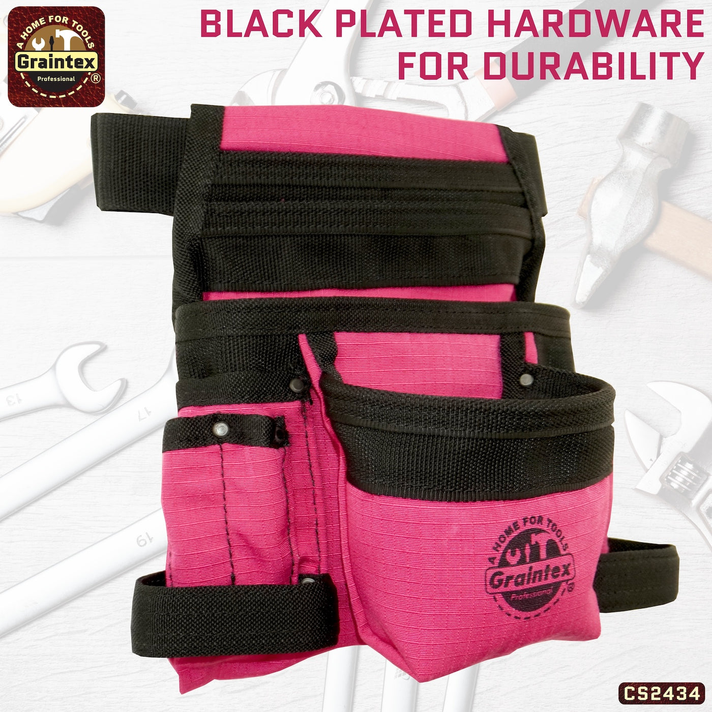 CS2434 :: 10 Pocket Finisher Nail & Tool Pouch Pink Color Ripstop Canvas with 2” Webbing Belt