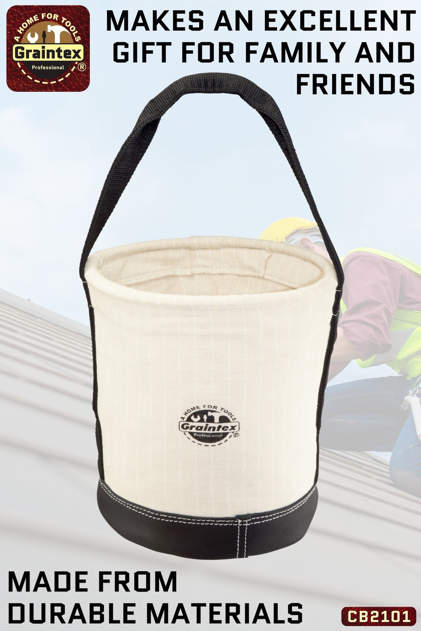 CB2101 :: UTILITY TAPERED CANVAS BUCKET LEATHER BOTTOM 12”X10”X14” WEBBING HANDLE