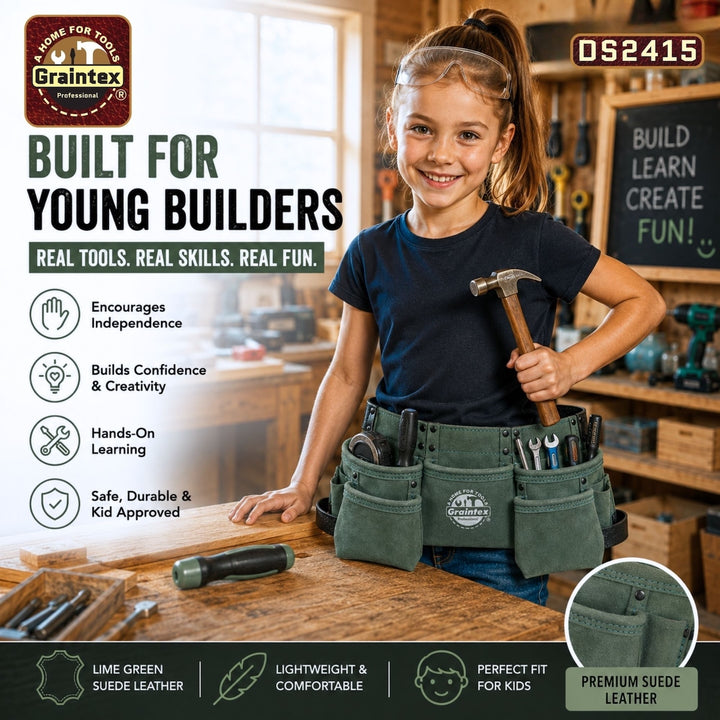 9 Pocket Children Tool Belt Hunter Green Color Suede Leather