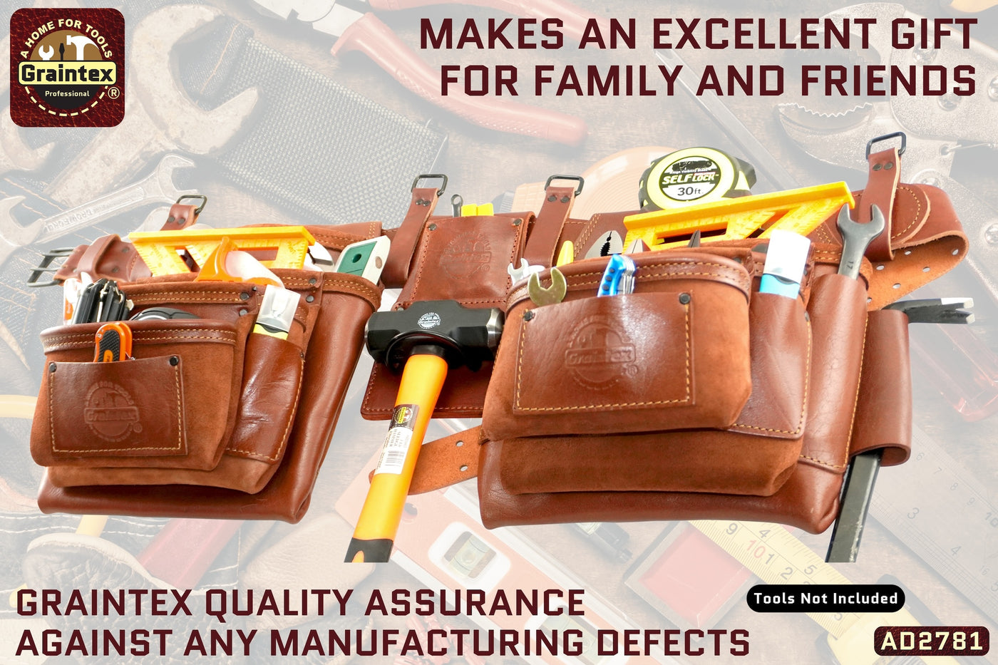 AD2781 :: 4 Piece 17 Pocket Framer's Tool Belt Combo Ambassador Series Chestnut Brown Color Top Grain Leather
