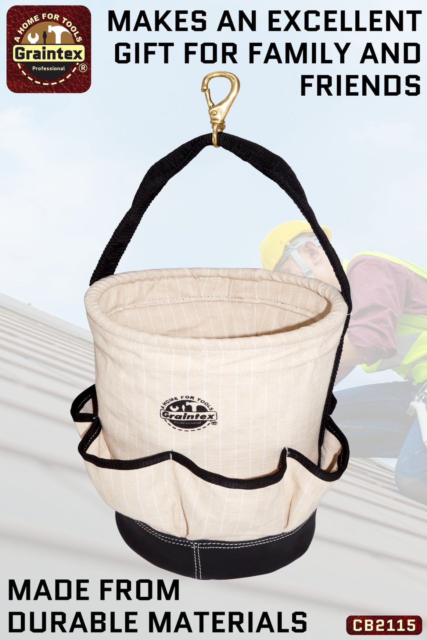 CB2115 :: UTILITY TAPERED CANVAS BUCKET LEATHER BOTTOM 6 OUTER POCKETS 12”X10”X14” WEBBING HANDLE WITH SWIVEL SNAP HOOK