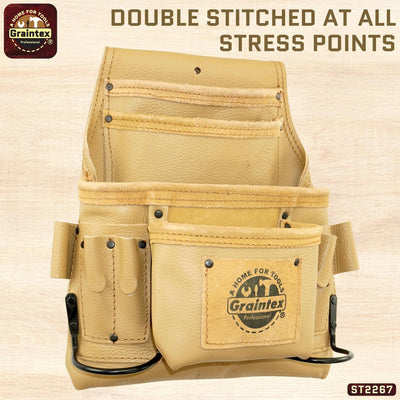 ST2267 :: 10 Pocket Nail & Tool Pouch Beige Color RUGGED Top Grain Leather