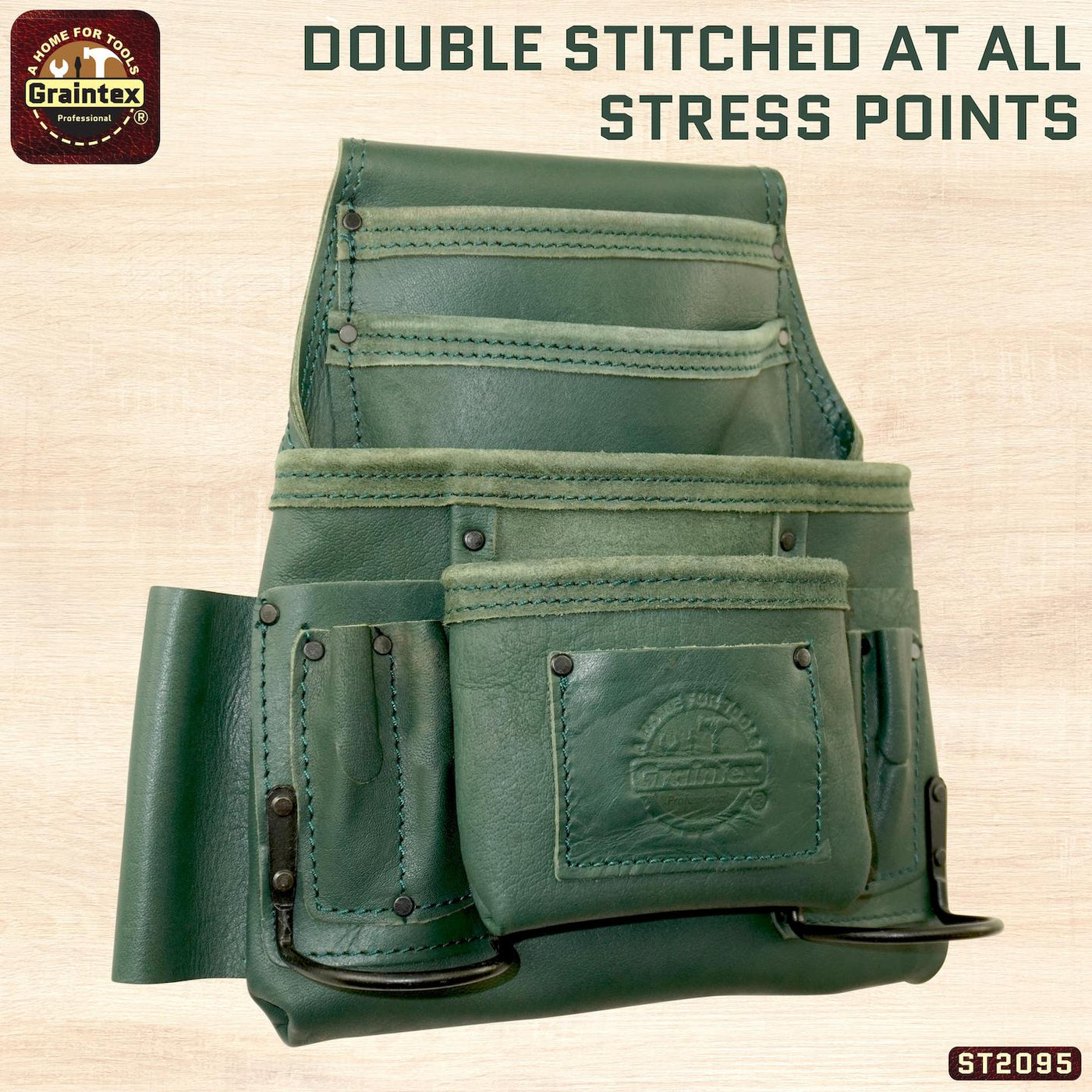 ST2095 :: 10 Pocket Nail & Tool Pouch Green Color Top Grain Leather