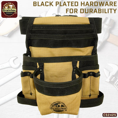 CS2425 :: 10 Pocket Finisher Nail & Tool Pouch Khaki Color Ripstop Canvas with 2” Webbing Belt