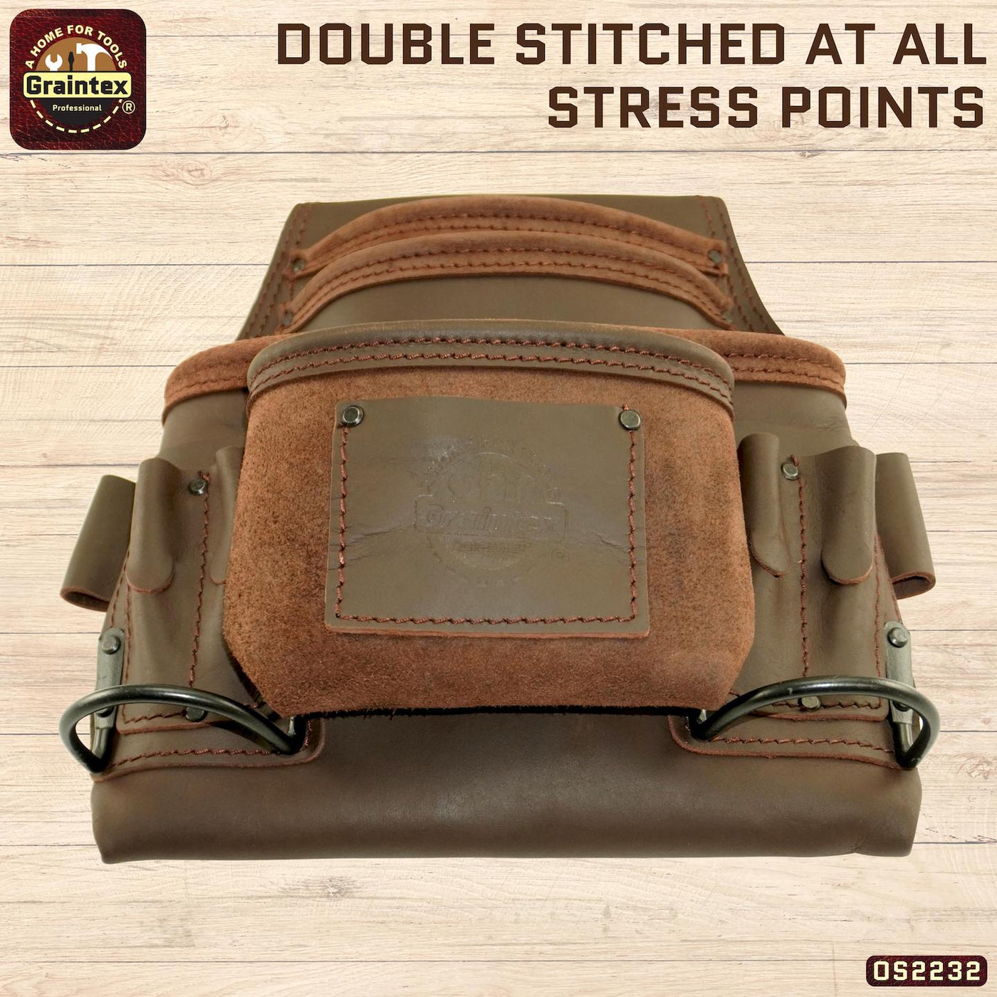 OS2232 :: 10 Pocket Nail & Tool Pouch Brown Color Oil Tanned Top Grain Leather