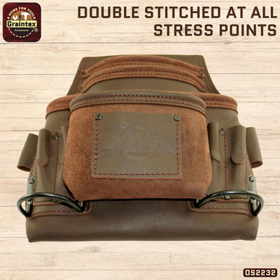 OS2232 :: 10 Pocket Nail & Tool Pouch Brown Color Oil Tanned Top Grain Leather
