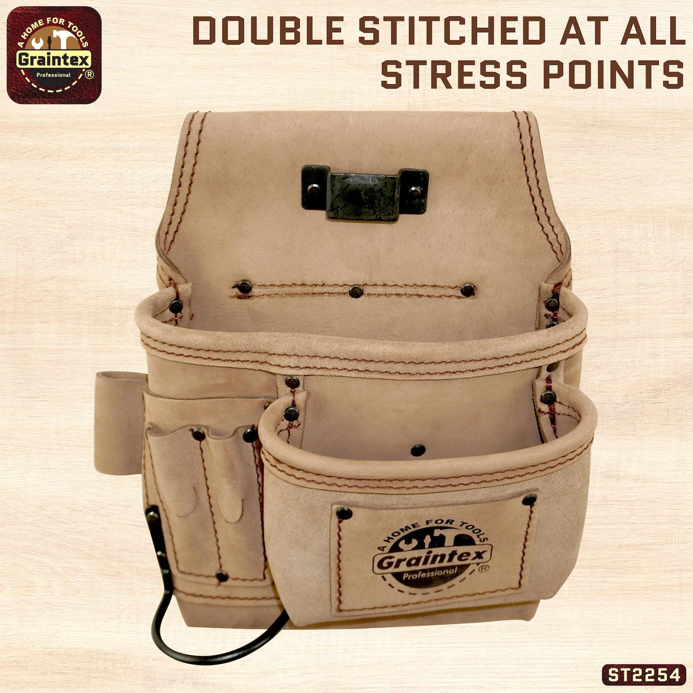ST2254 :: 5 Pocket Right Handed Nail & Tool Pouch Beige Color Top Grain Leather