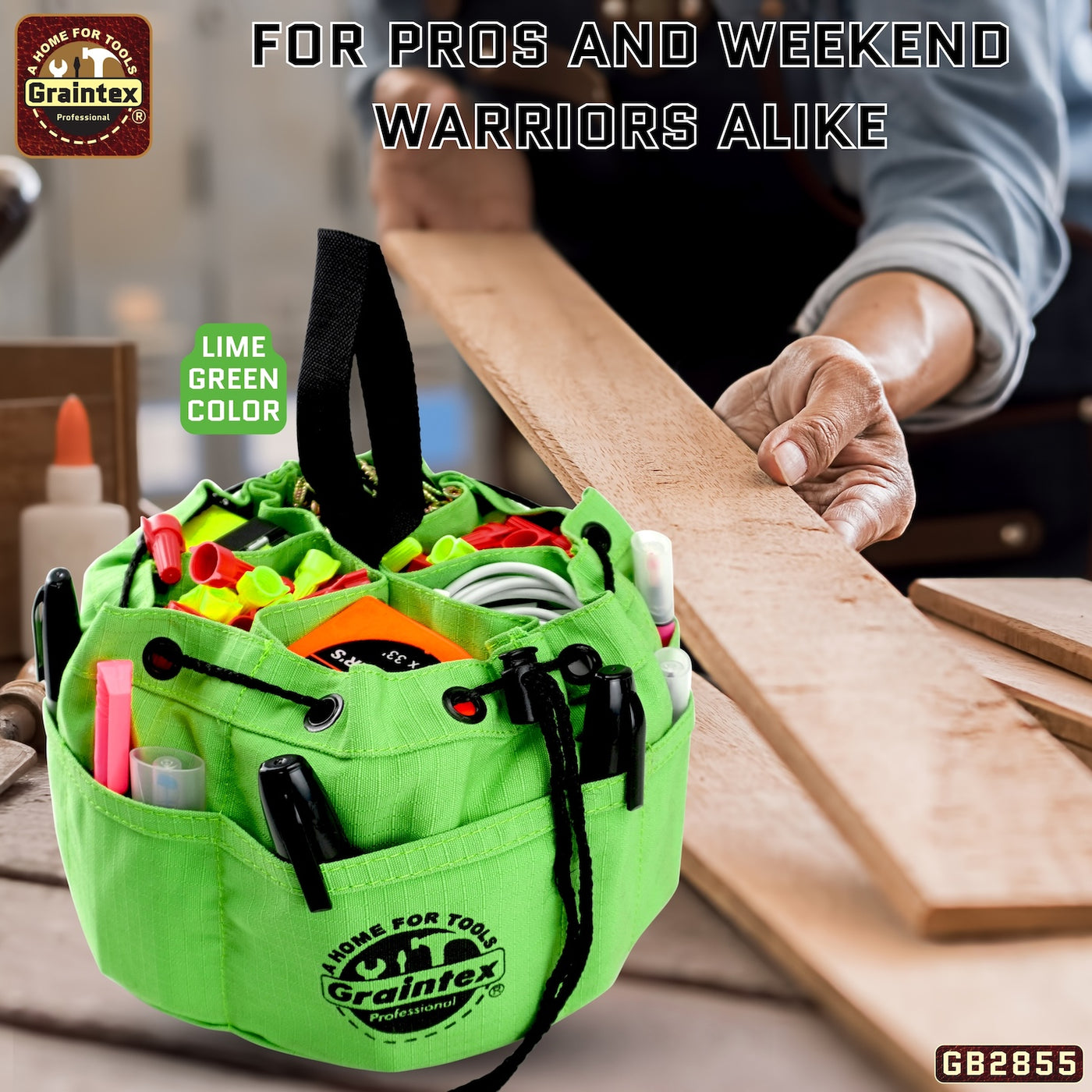 GB2855 :: 3 Pcs Grab Bags Set Rust, Black and Lime Green Color Rip-stop Canvas 18 Pockets