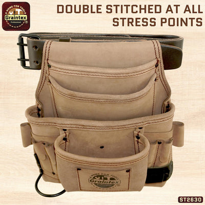 ST2630 :: 10 Pocket Nail & Tool Pouch Beige Color Top Grain Leather with 2" Leather Belt