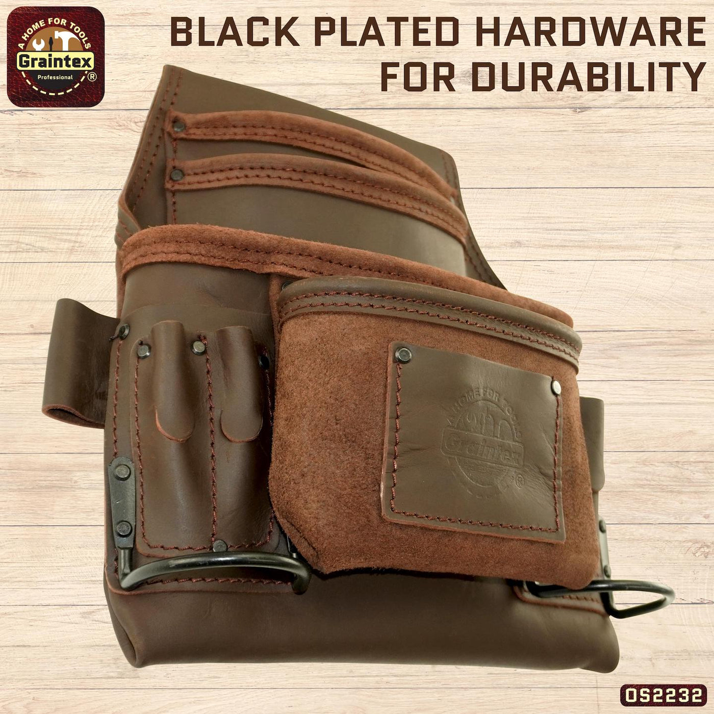 OS2232 :: 10 Pocket Nail & Tool Pouch Brown Color Oil Tanned Top Grain Leather