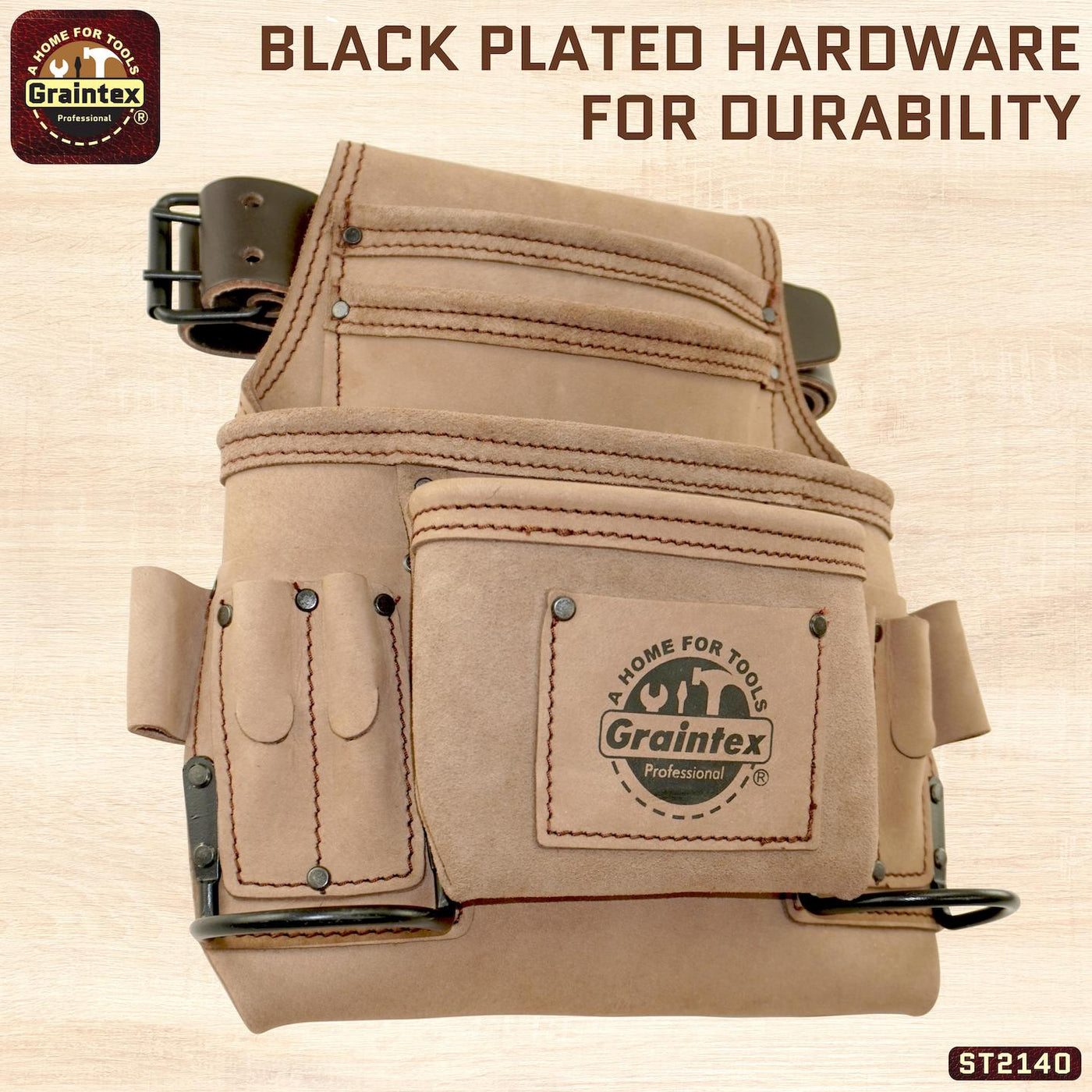 ST2140 :: 10 Pocket Nail & Tool Pouch Beige Color Top Grain Leather with 2" Leather Belt