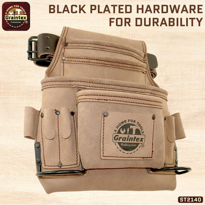 ST2140 :: 10 Pocket Nail & Tool Pouch Beige Color Top Grain Leather with 2" Leather Belt