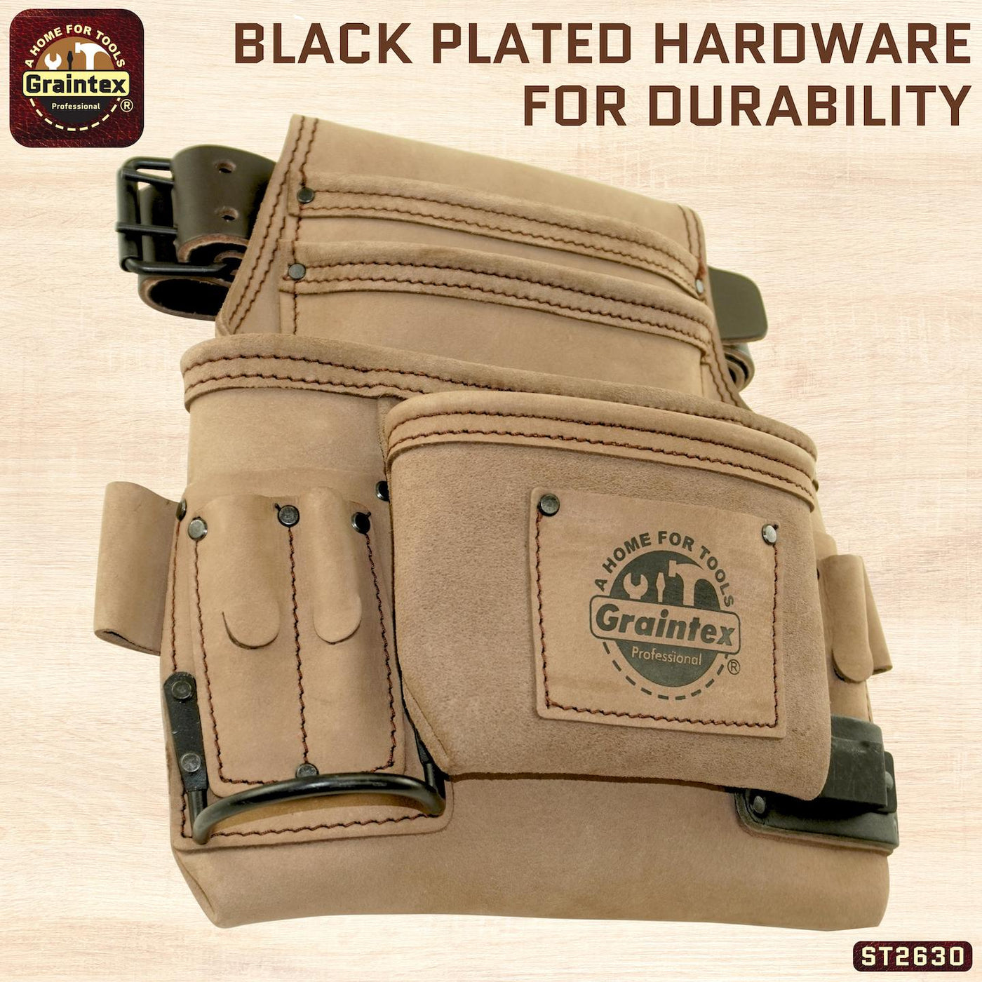 ST2630 :: 10 Pocket Nail & Tool Pouch Beige Color Top Grain Leather with 2" Leather Belt