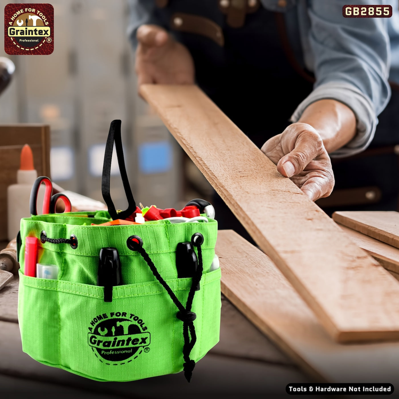 GB2855 :: 3 Pcs Grab Bags Set Rust, Black and Lime Green Color Rip-stop Canvas 18 Pockets