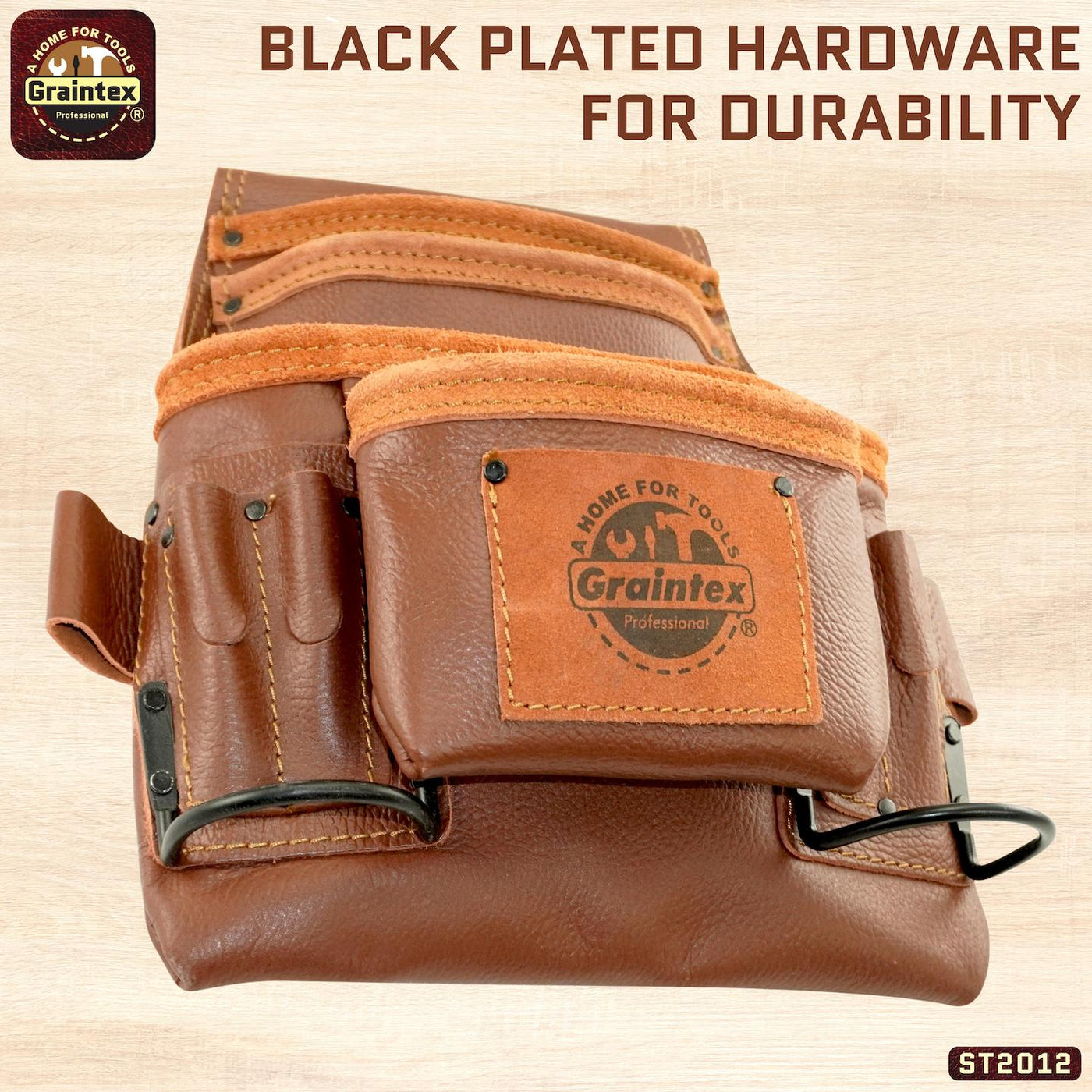 ST2012 :: 10 Pocket Nail & Tool Pouch Brown Color RUGGED Top Grain Leather