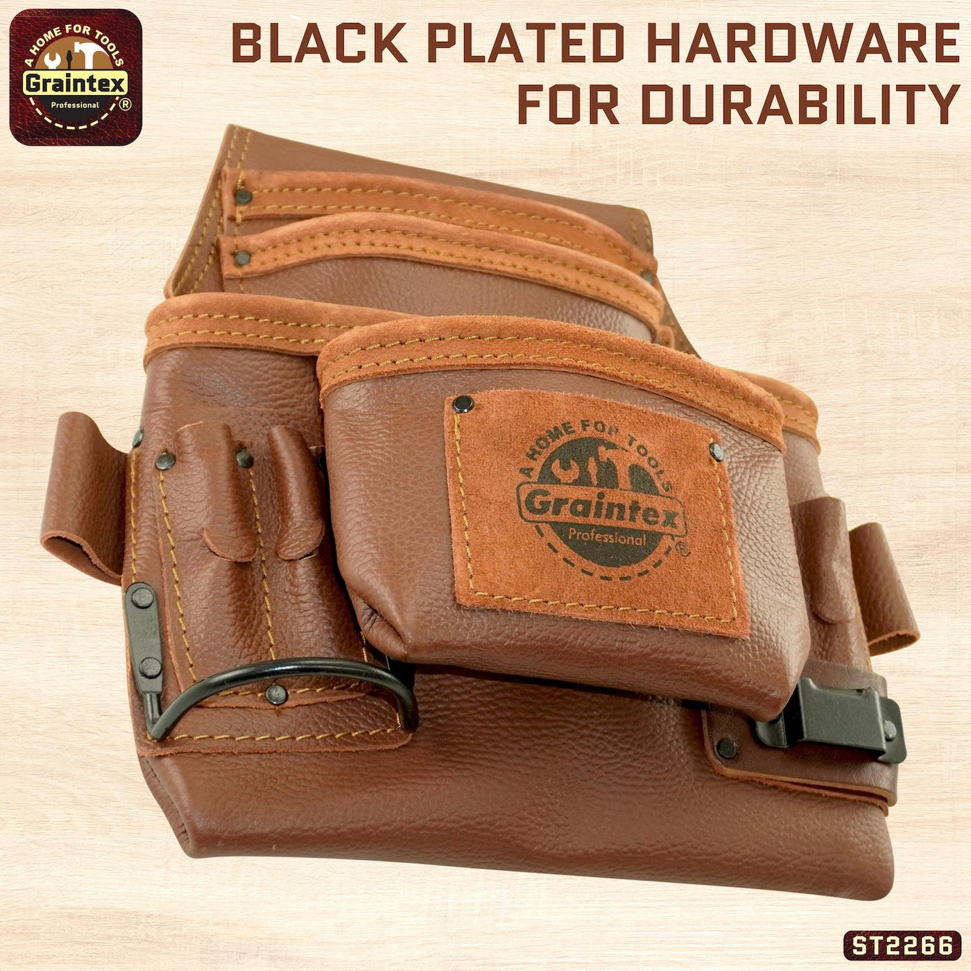 ST2266 :: 10 Pocket Nail & Tool Pouch Brown Color RUGGED Top Grain Leather