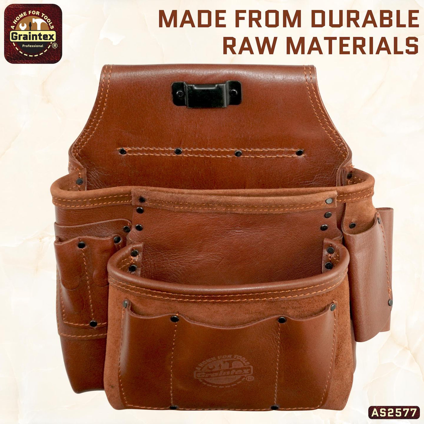 AS2577 :: 8 Pocket Framer’s Tool Pouch Ambassador Series Chestnut Brown Color Top Grain Leather
