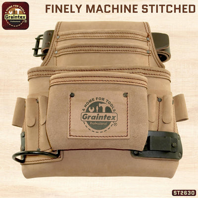 ST2630 :: 10 Pocket Nail & Tool Pouch Beige Color Top Grain Leather with 2" Leather Belt