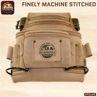 ST2140 :: 10 Pocket Nail & Tool Pouch Beige Color Top Grain Leather with 2" Leather Belt