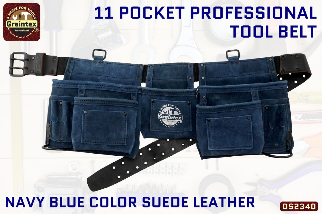 DS2340 :: 11 POCKET PROFESSIONAL TOOL BELT NAVY BLUE COLOR SUEDE