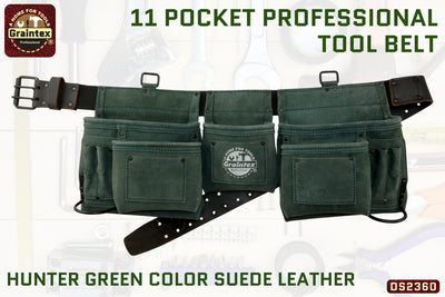 DS2360 :: 11 POCKET PROFESSIONAL TOOL BELT HUNTER GREEN COLOR SUEDE LEATHER