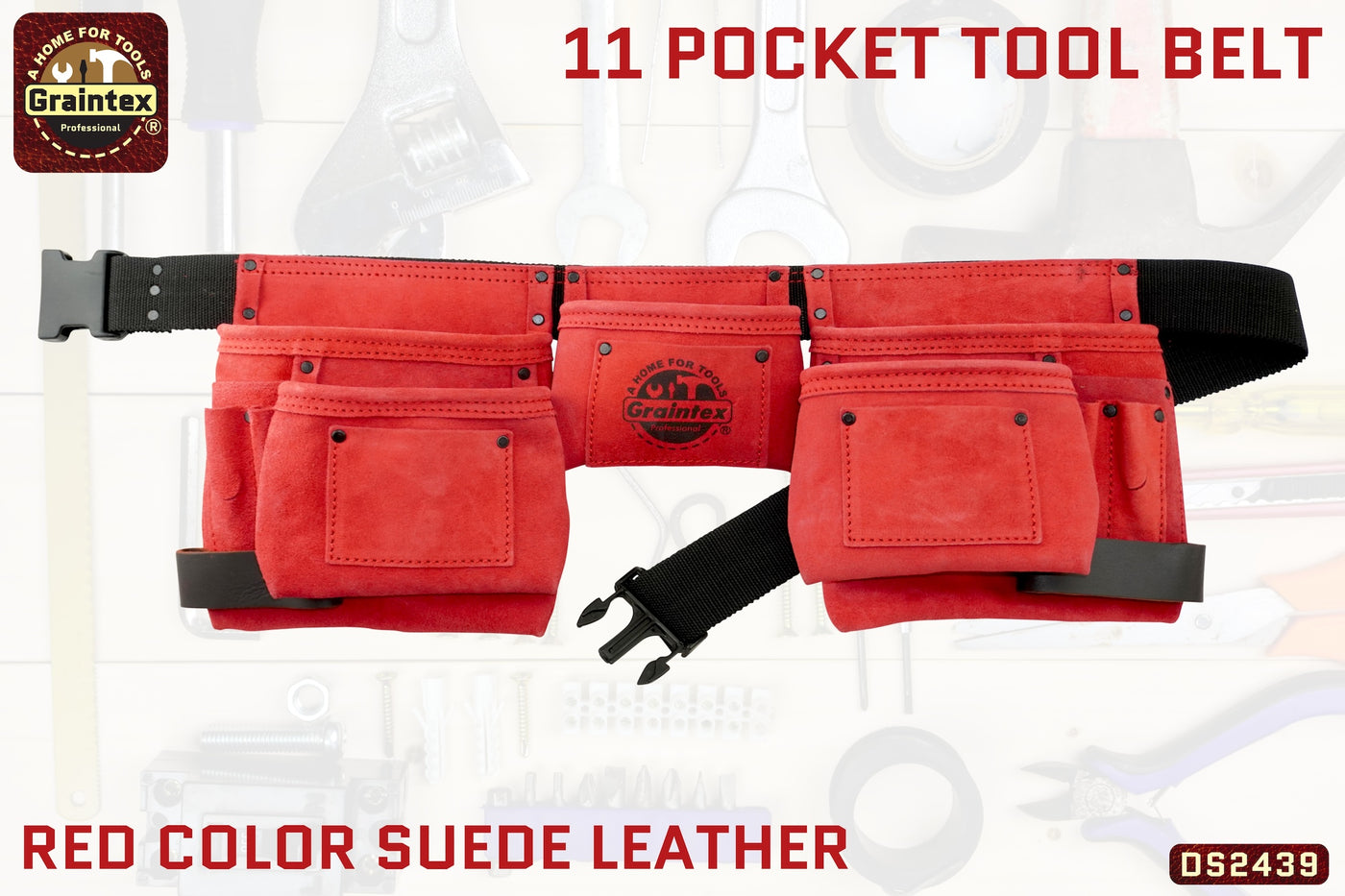 DS2439 :: 11 POCKET TOOL BELT RED COLOR SUEDE LEATHER
