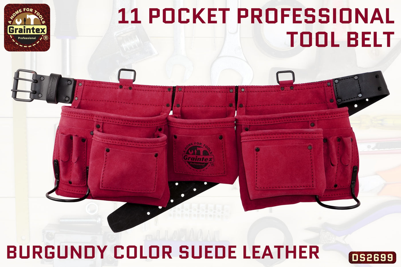 DS2699 :: 11 POCKET PROFESSIONAL TOOL BELT BURGUNDY COLOR SUEDE LEATHER