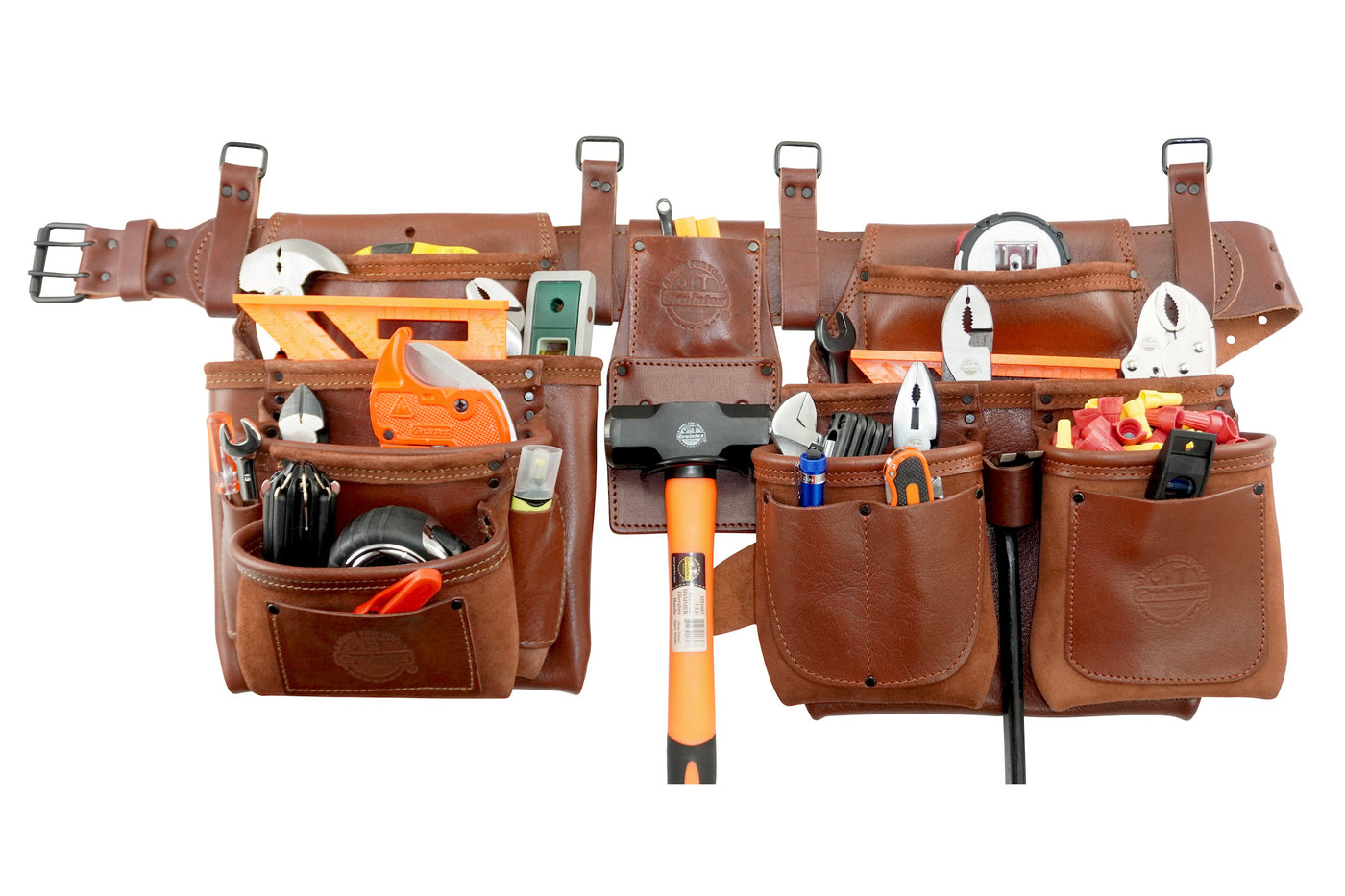 AD2718 :: 4 Piece 15 Pocket Framer's Tool Belt Combo Ambassador Series Chestnut Brown Color Grain Leather
