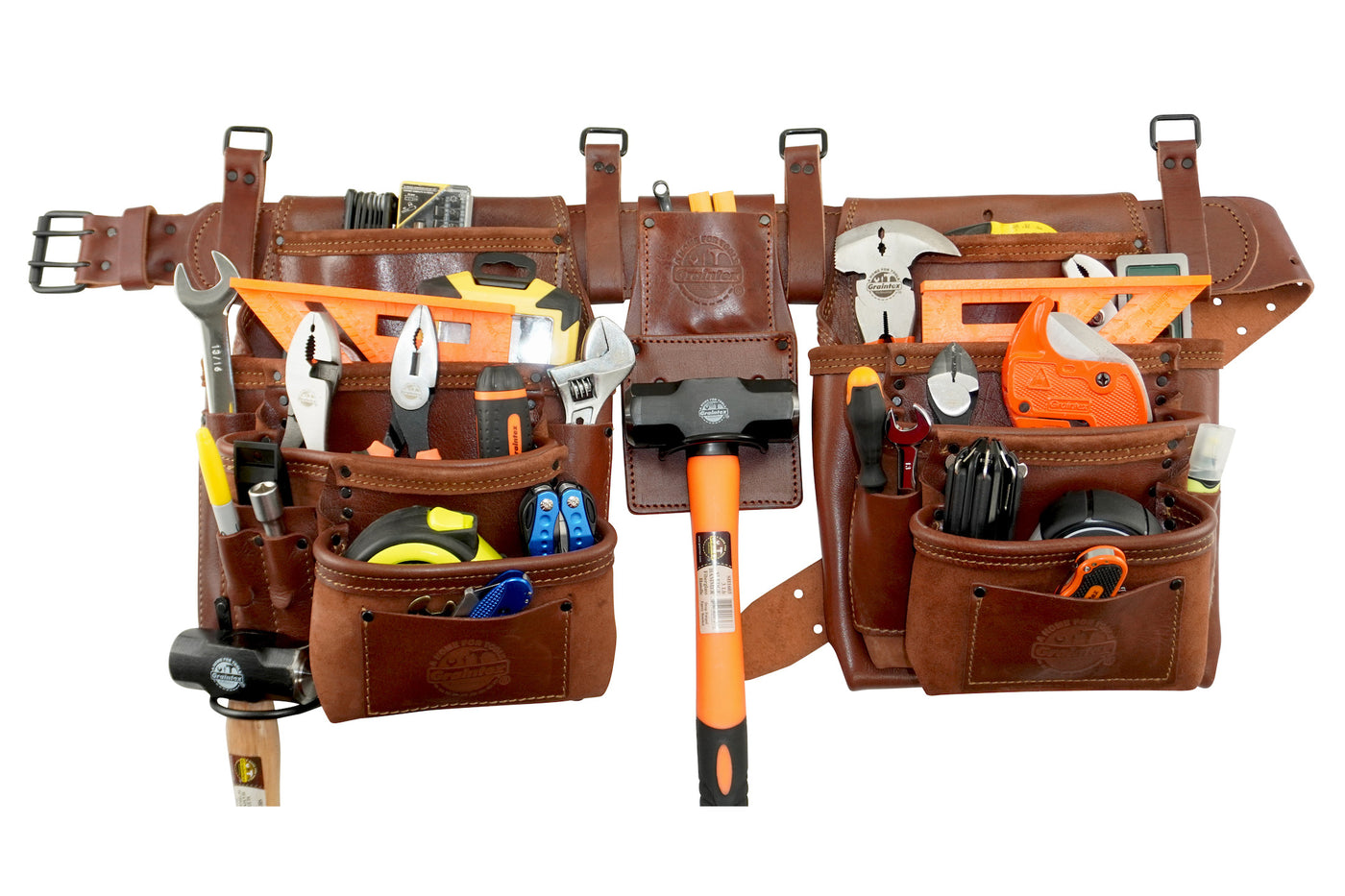 AD2762 :: 4 Piece 17 Pocket Framer's Tool Belt Combo Ambassador Series Chestnut Brown Color Grain Leather